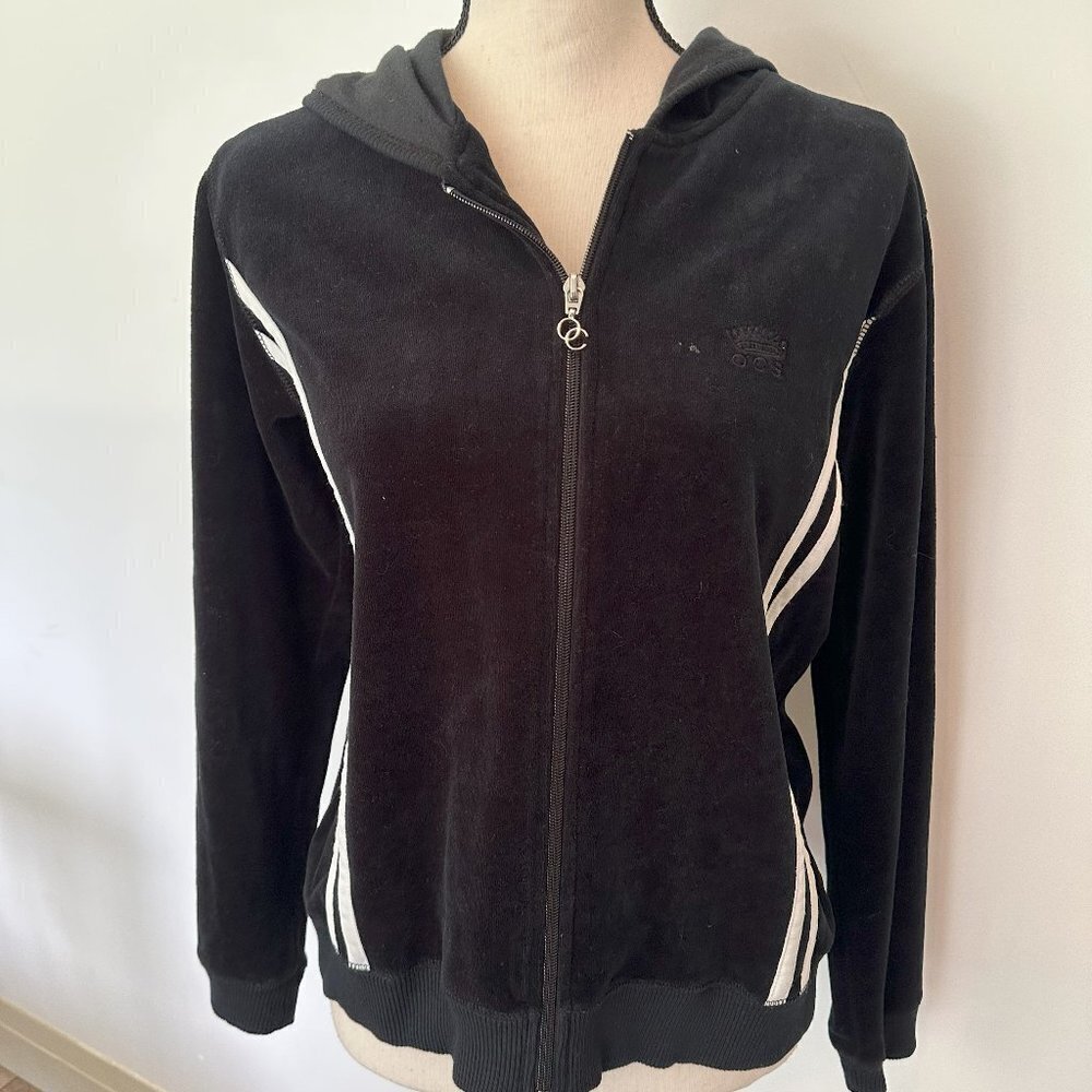 VTG Oleg Cassini Sport Velour Zip Front Jacket  Striped in Black SZ L EUC